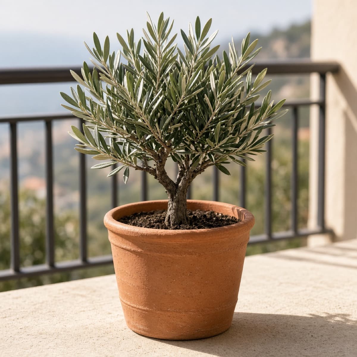 Container olive tree on a sunny balcony
