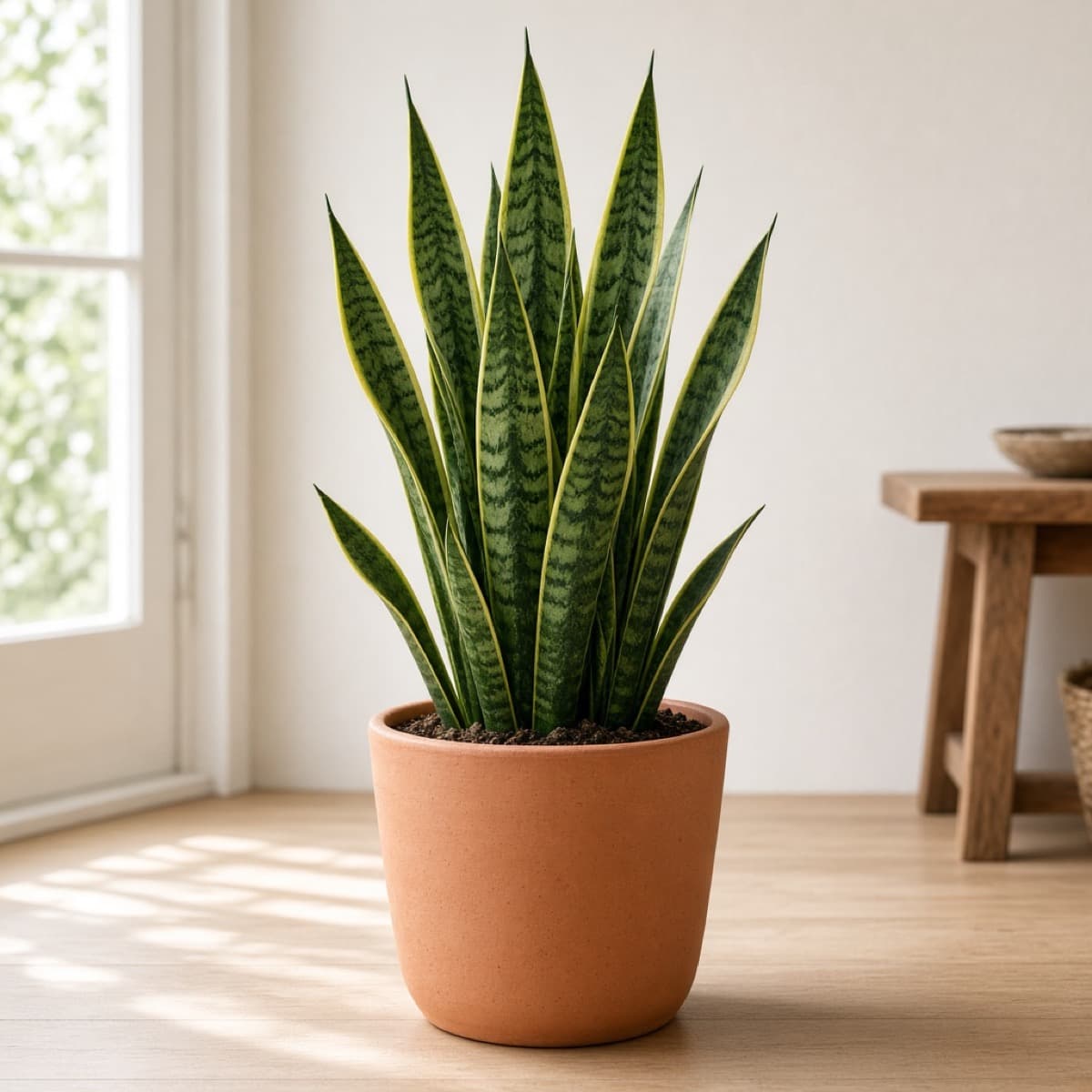 Tall snake plant in a terracotta pot