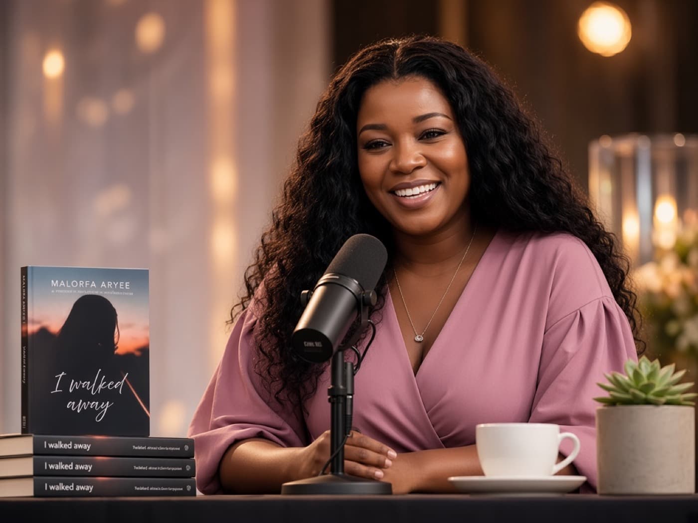 Malorfa at a speaking or book-signing appearance