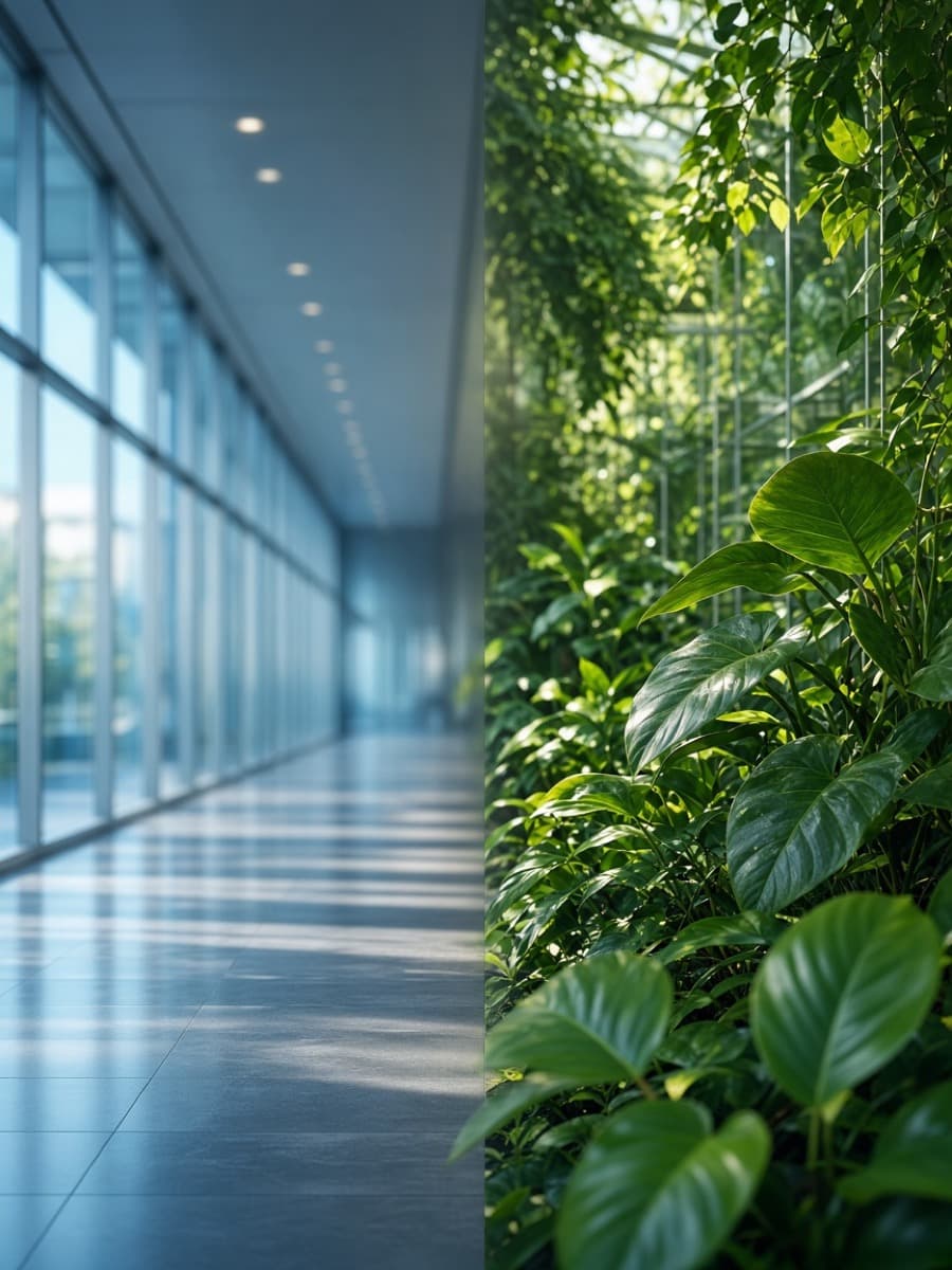 Dual-identity still — office corridor meeting greenhouse foliage