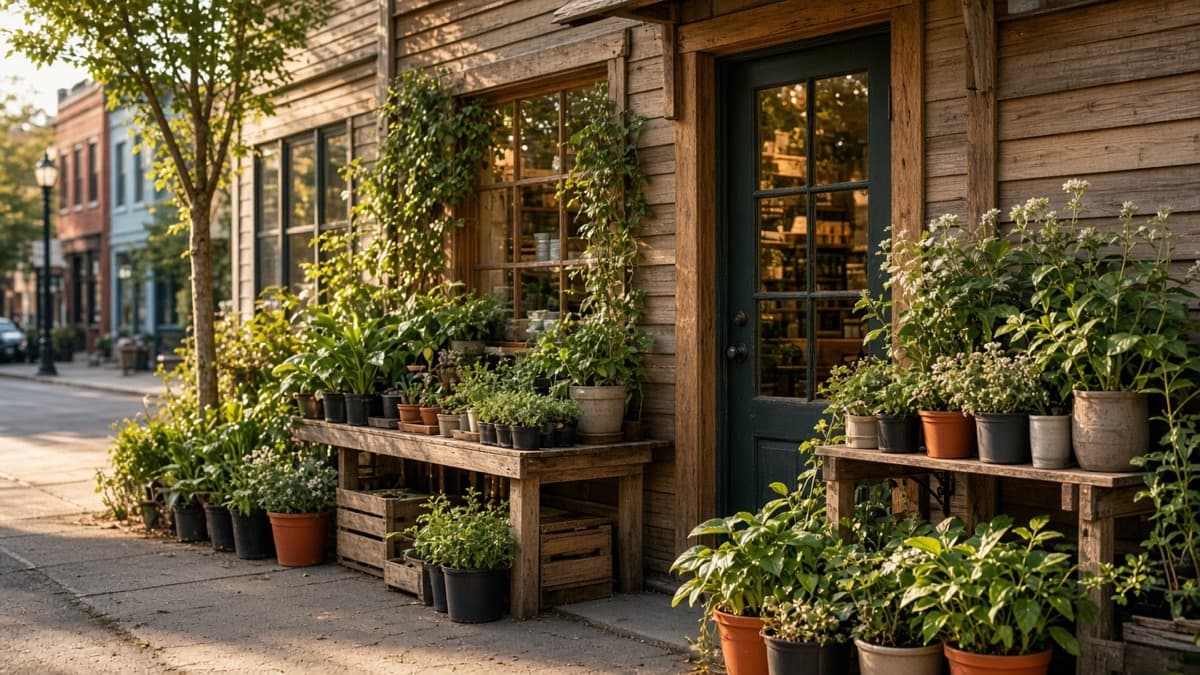 Independent plant nursery storefront with sidewalk plants