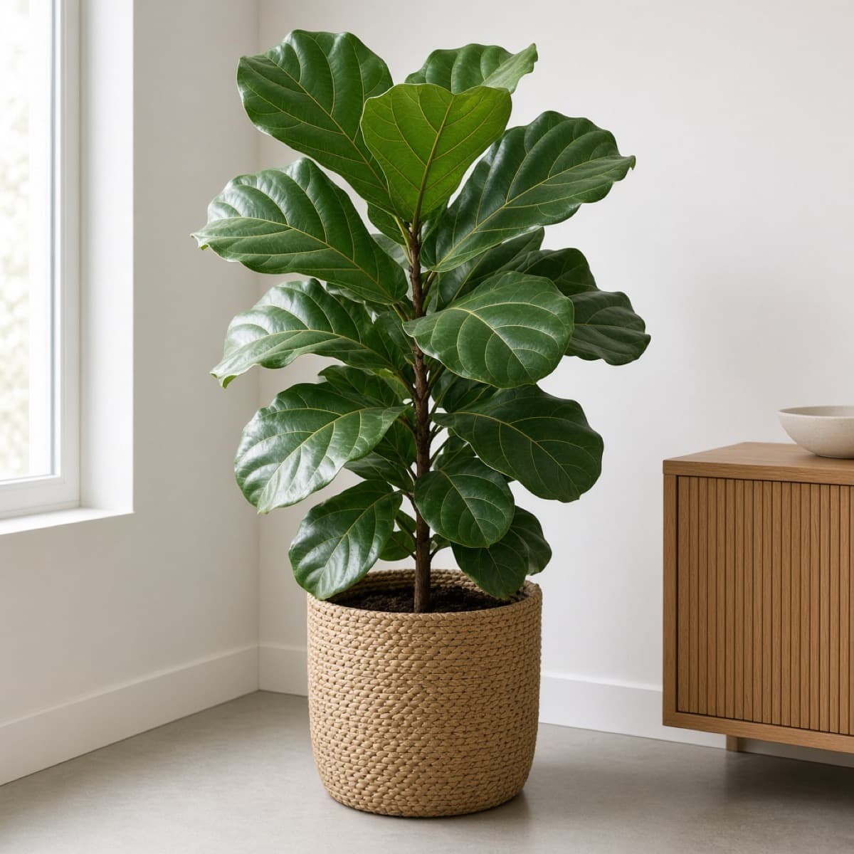 Fiddle-leaf fig in a woven planter