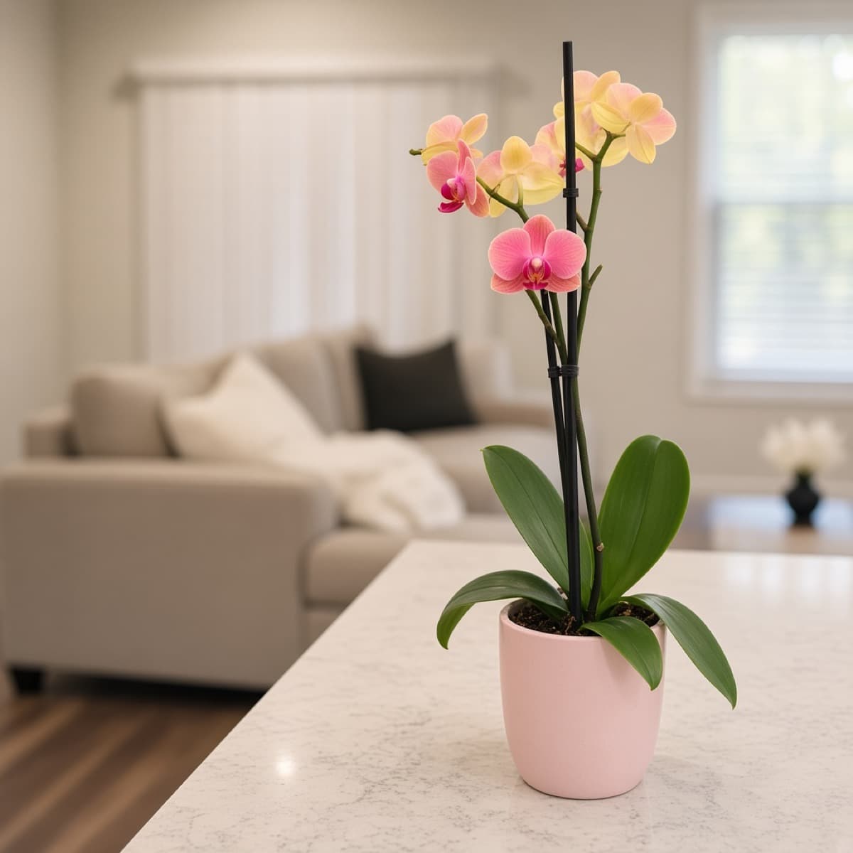 Close-up of a pink orchid in a ceramic pot