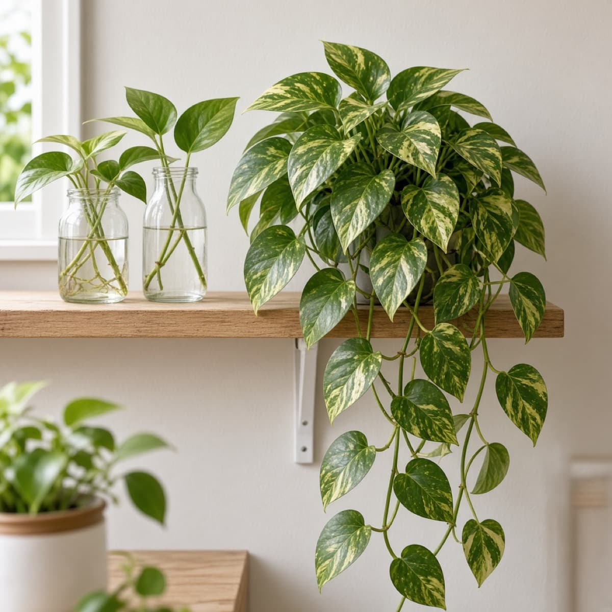 Trailing pothos with cuttings in glass jars