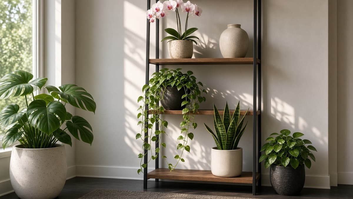 Wide view of a styled indoor plant collection